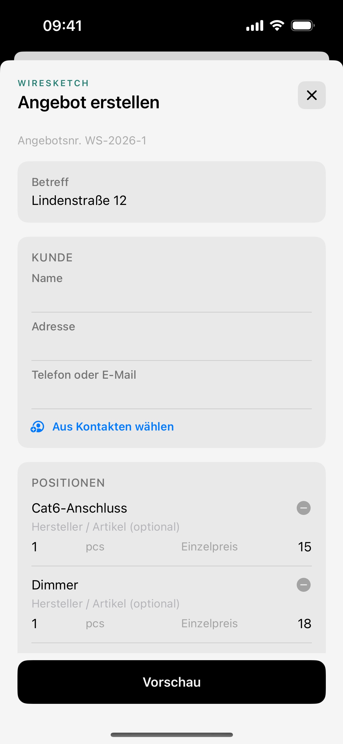 Angebot mit Preisen