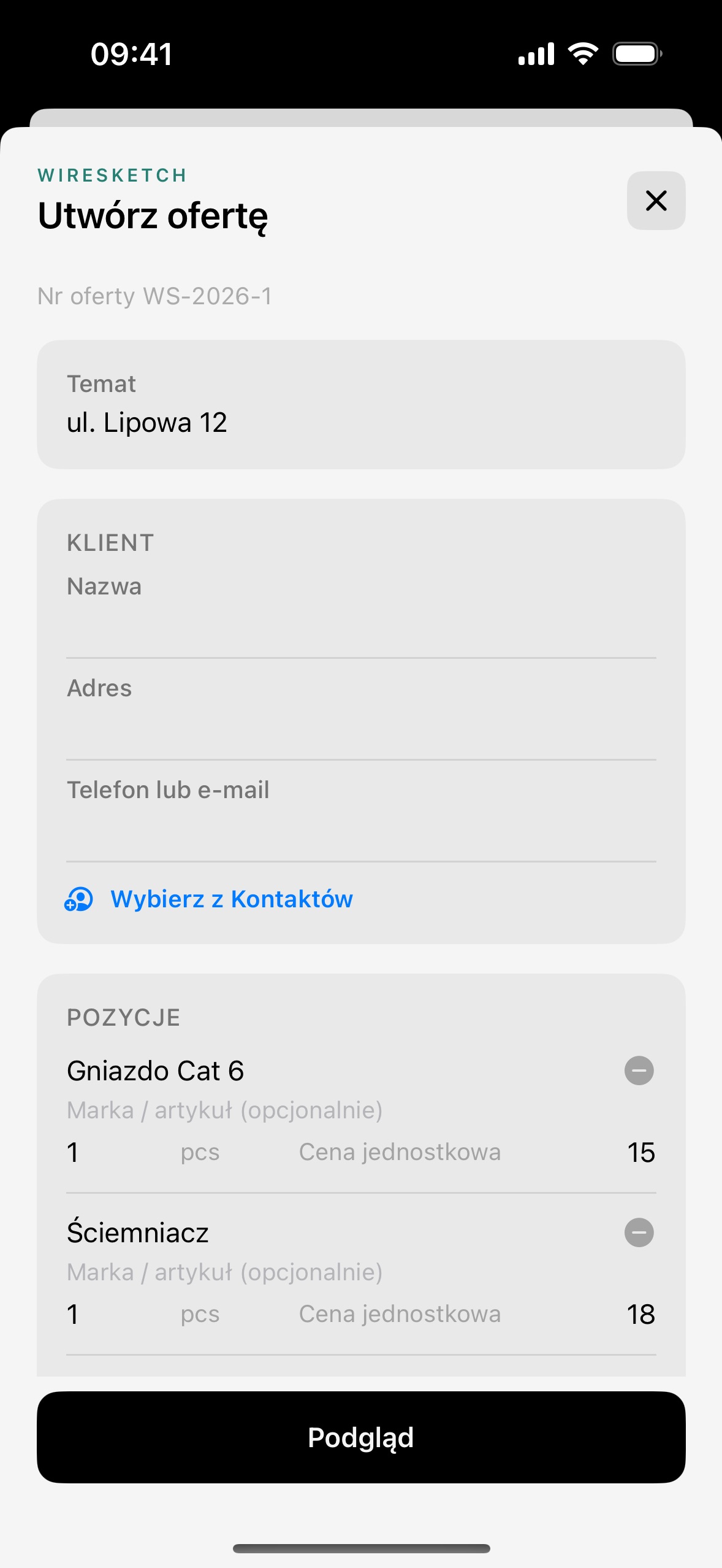 Markowa, wyceniona oferta dla klienta